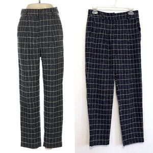 FRNCH PARIS Navy Blue Windowpane Grid Crop Cropped Tapered Leg Pants Trousers S